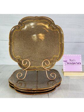 Bombay BMA16 French Farmhouse Brown Sponged Scrolls Ceramic Dinner Plates Set 4